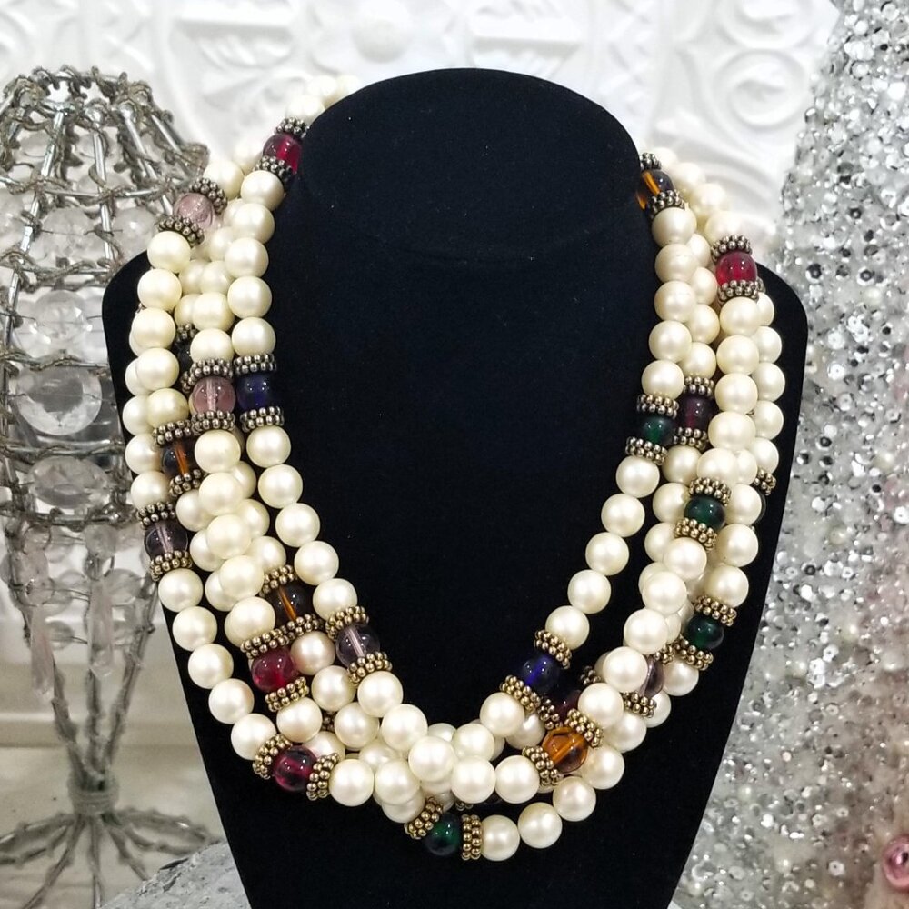 Vintage 80's Richelieu Pearl and Glass Beaded 5 Strand Multi-Layer Necklace